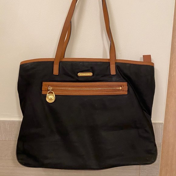Michael Kors Black Nylon Brown Leather Tote - Picture 1 of 4